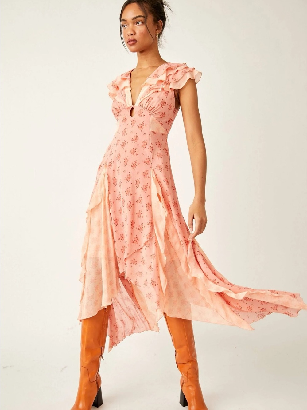 Free People Peach Floral Asymmetrical Ruffle Midi Dress